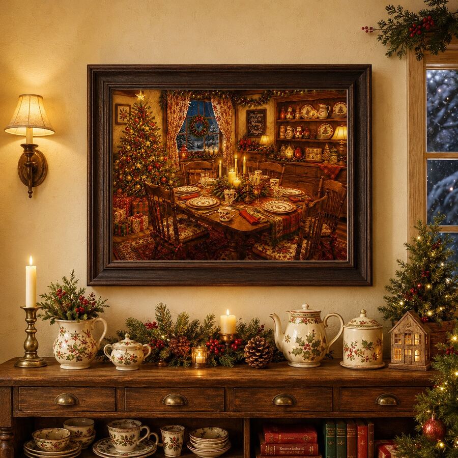 Christmas dining room interior poster framed above a buffet