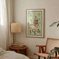 Sage-green goose reading canvas poster styled above a bedroom reading corner