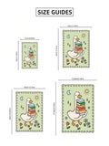 Size guide showing four dimensions of the goose carrying colorful books artwork
