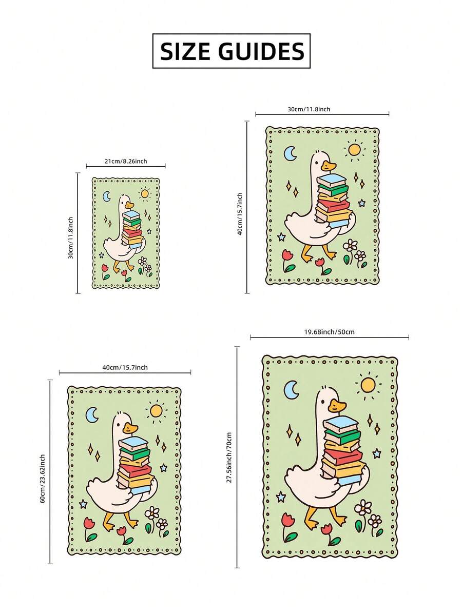 Size guide showing four dimensions of the goose carrying colorful books artwork