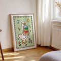 Goose reading poster in a light wood frame beside a bright window