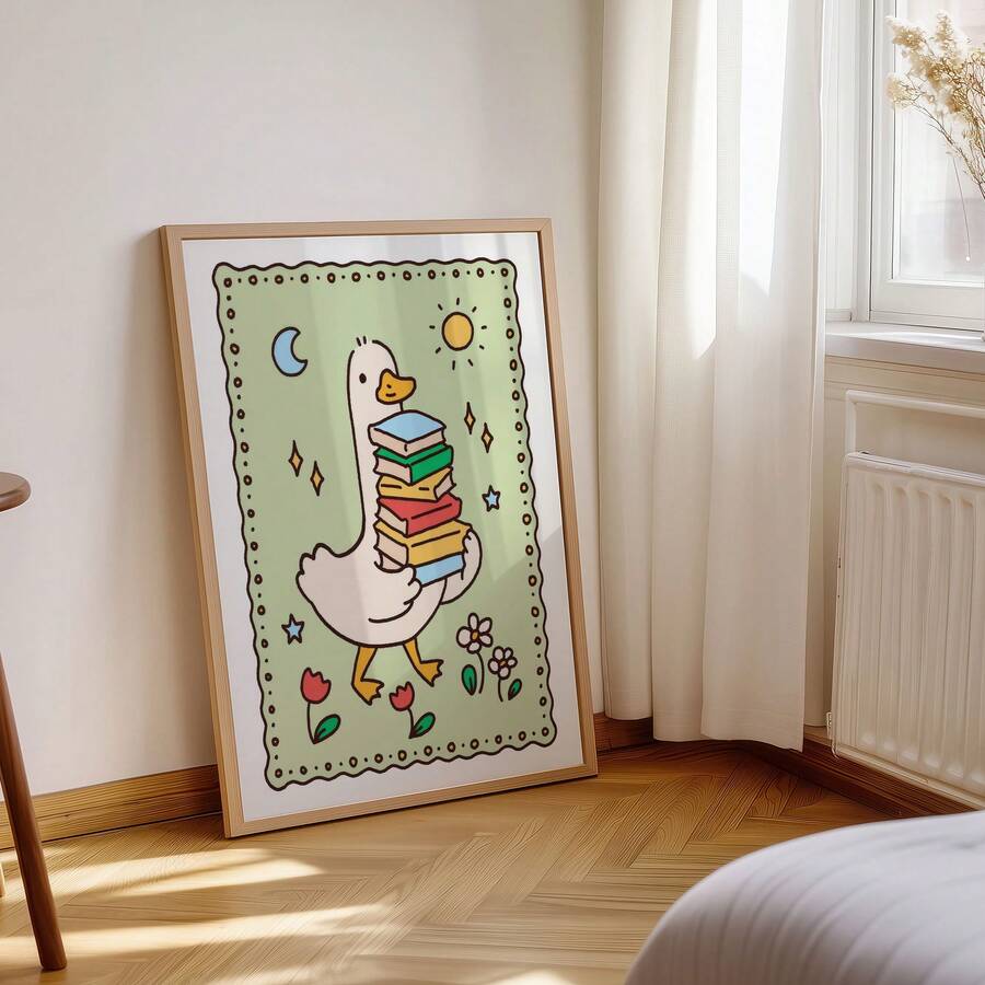 Goose reading poster in a light wood frame beside a bright window