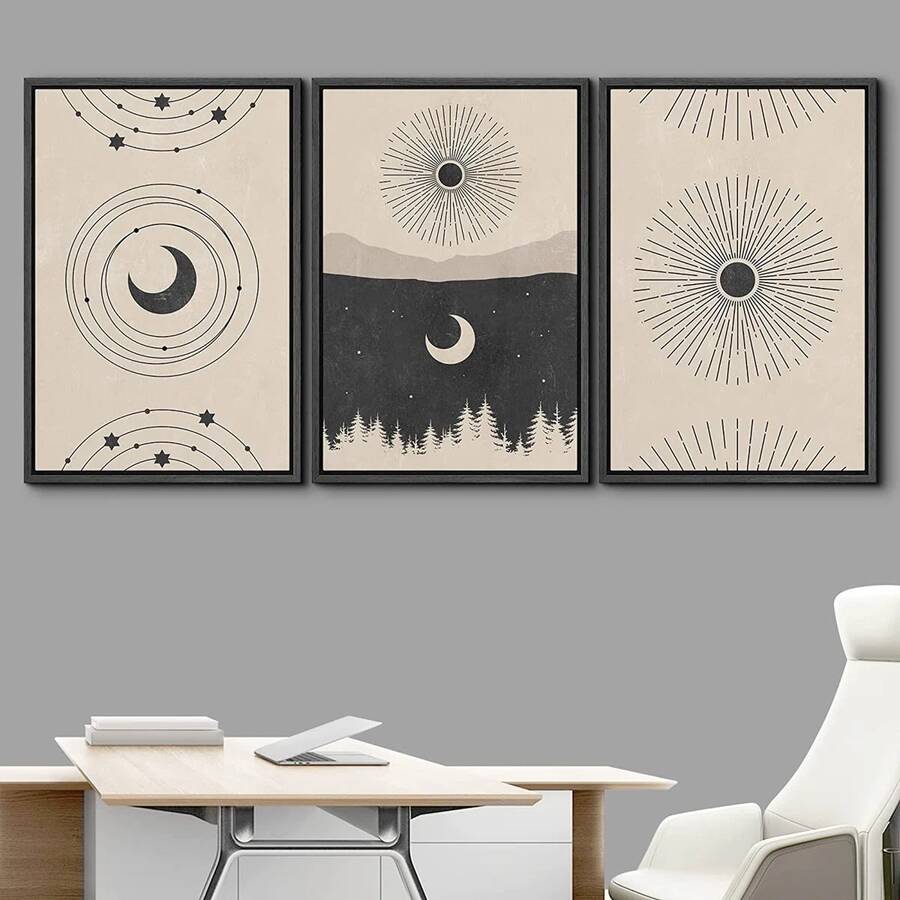 Three black-framed sun moon and stars posters displayed above a light desk and white chair