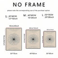 Unframed sunburst print size guide comparing 30 by 40, 40 by 60, and 50 by 70 centimeter canvases