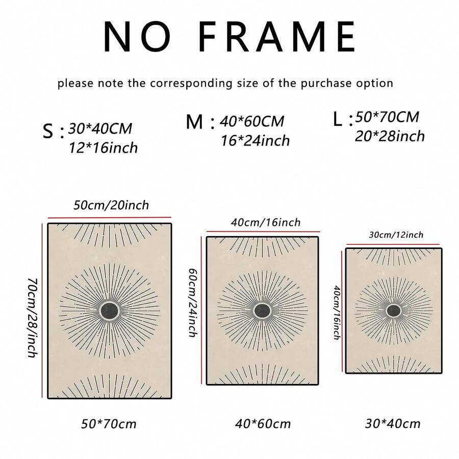 Unframed sunburst print size guide comparing 30 by 40, 40 by 60, and 50 by 70 centimeter canvases