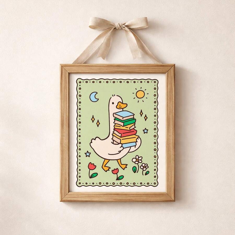 Light wood ribbon-hung frame with white goose carrying colorful books on a sage-green panel