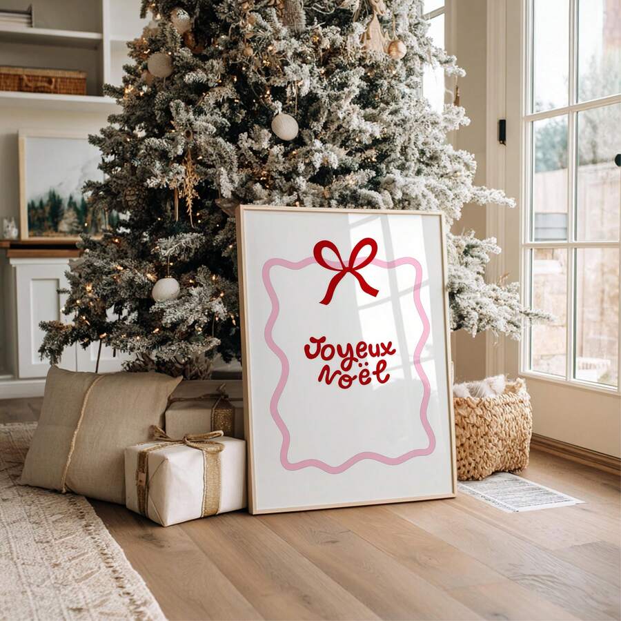 Joyeux Noël French Christmas canvas poster with red bow and pink wavy border