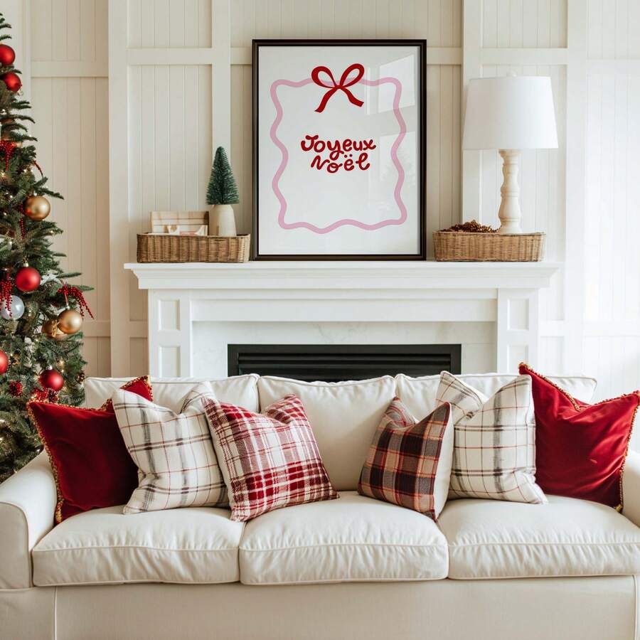 French Christmas canvas print in a wood frame beside a holiday doorway