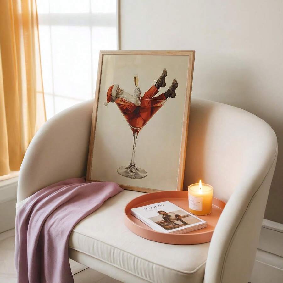 Funny Santa in a red cocktail glass canvas wall art in a gold frame