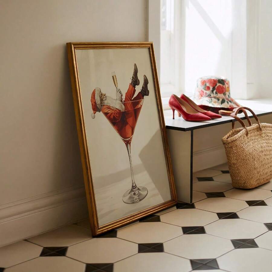 Framed funny Santa Christmas wall art in a bright entryway
