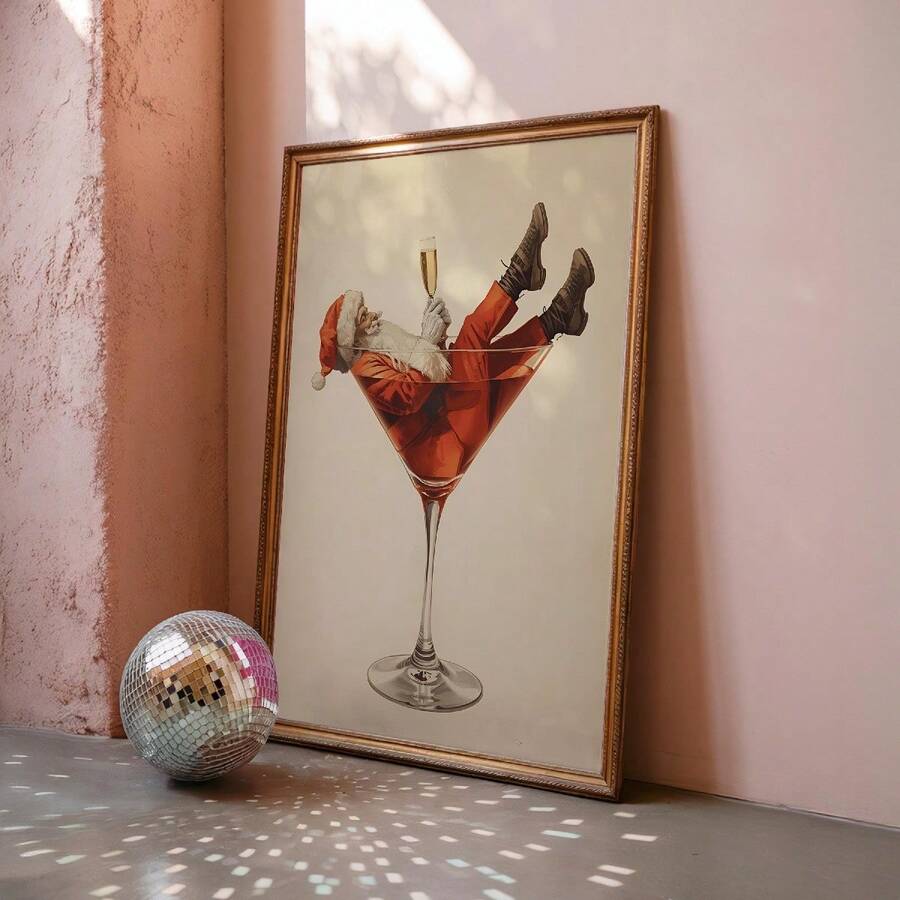 Funny Santa Christmas canvas poster in a gold frame beside a disco ball
