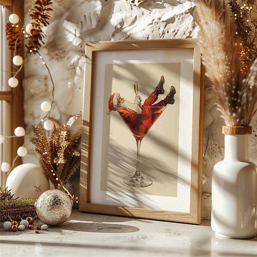 Framed Santa cocktail wall art displayed with festive ornaments and lights
