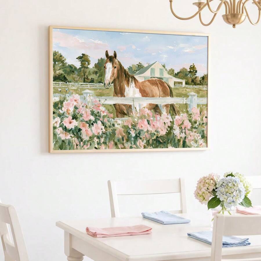 Framed watercolor horse and pink floral canvas poster on a mantel shelf