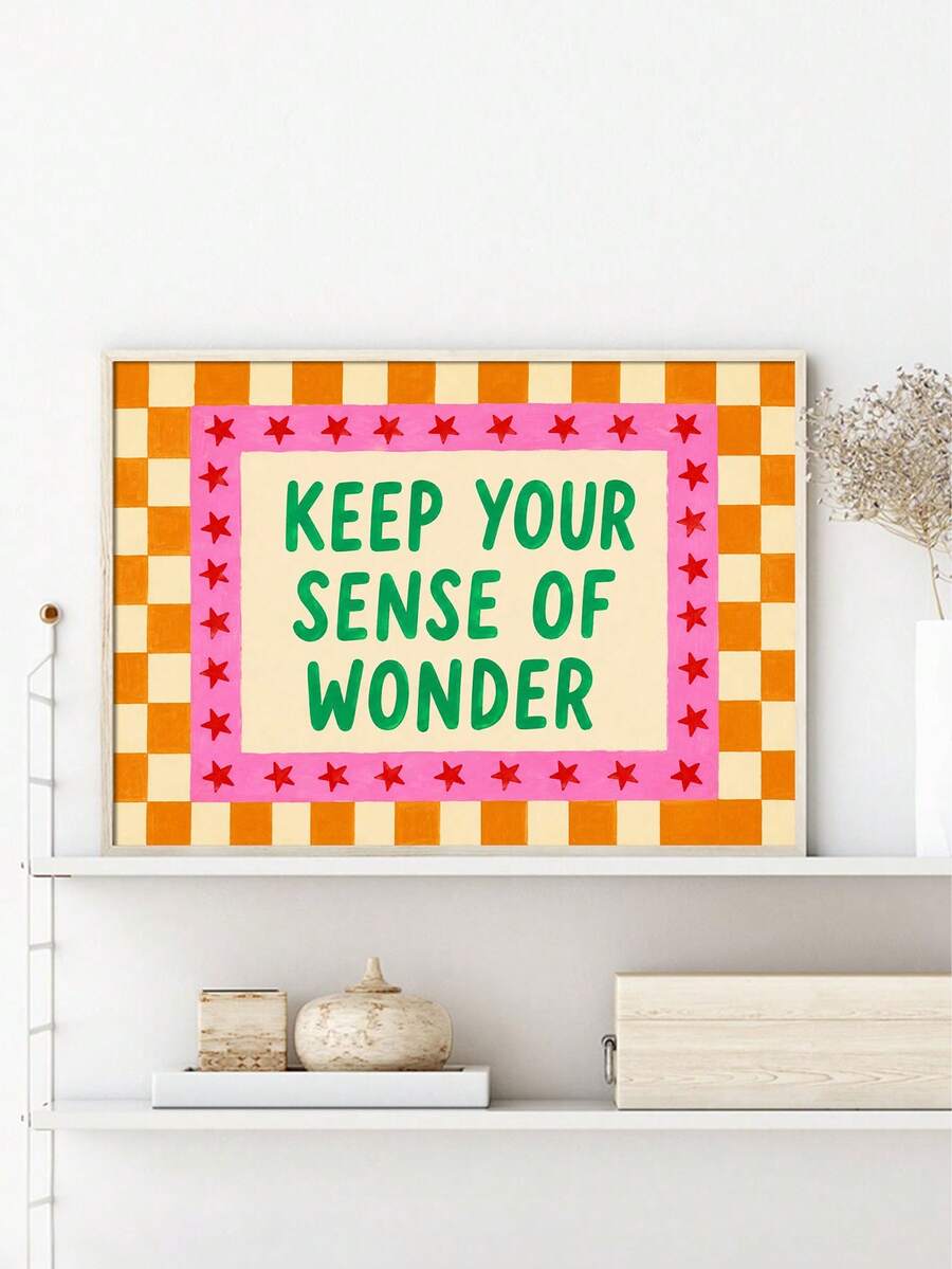 Retro Keep Your Sense Of Wonder canvas poster with orange checkerboard and pink star border