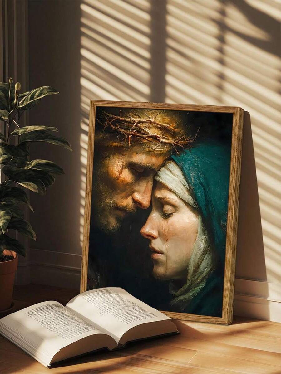 Framed devotional canvas beside an open book in warm sunlight, showing the deep teal Mary and Jesus portrait