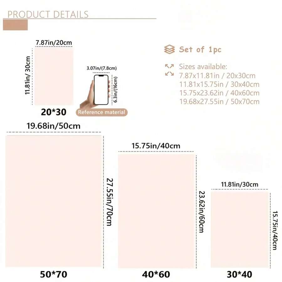 Size chart showing this one-piece canvas in four portrait dimensions from 20 by 30 to 50 by 70 cm