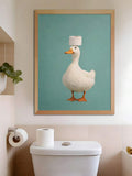Teal duck balancing toilet paper canvas poster displayed on a bathroom wall
