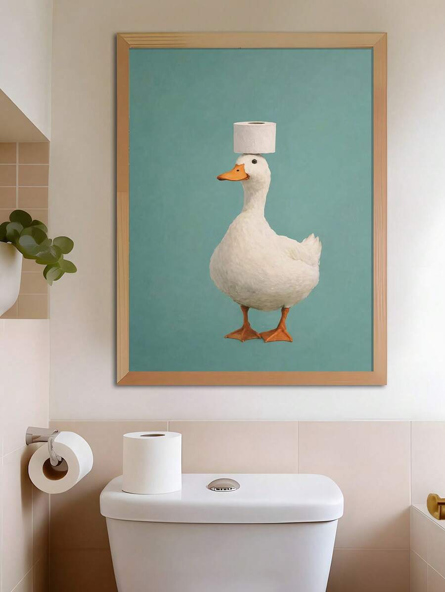 Teal duck balancing toilet paper canvas poster displayed on a bathroom wall