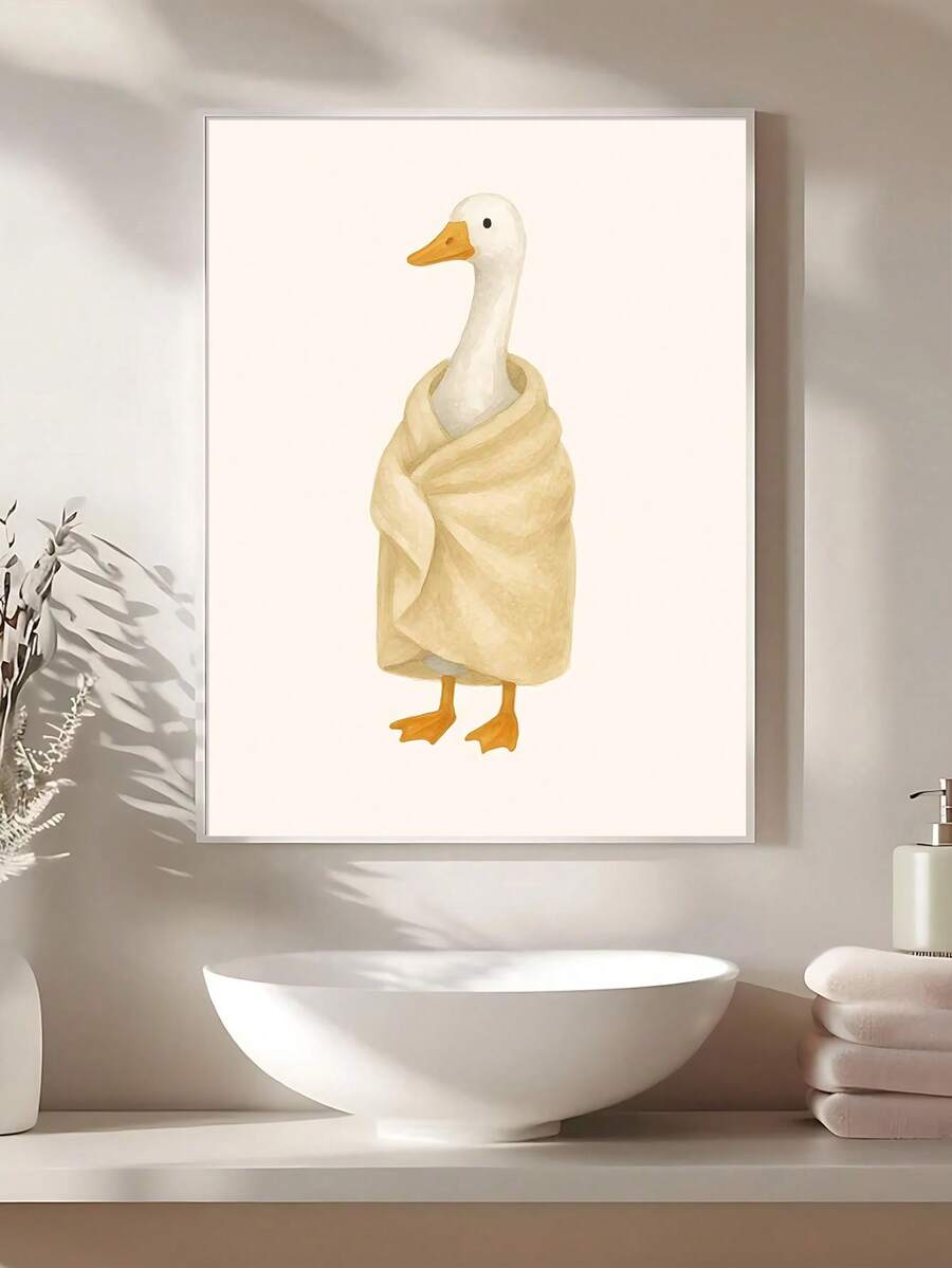 Towel-wrapped duck watercolor canvas poster in cream and orange above a bathroom vanity