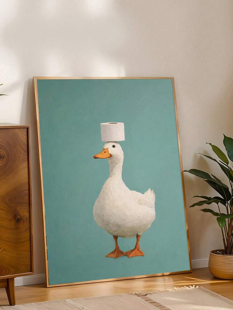 Teal duck toilet-paper portrait canvas poster displayed in a plant-filled room