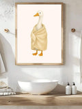 Towel-wrapped duck watercolor artwork in a sunlit bathroom setting