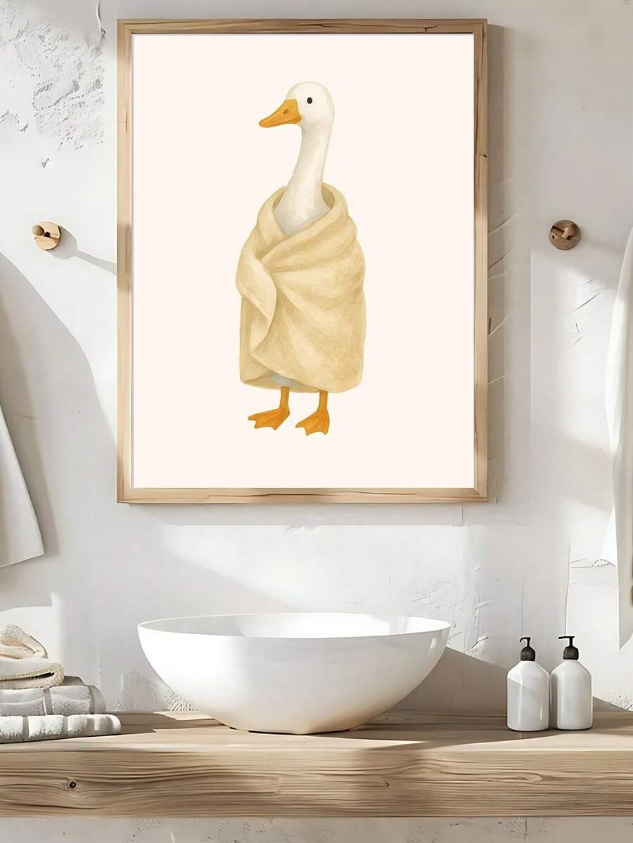 Towel-wrapped duck watercolor artwork in a sunlit bathroom setting