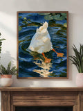 White duck pond impasto canvas poster displayed above a fireplace mantel
