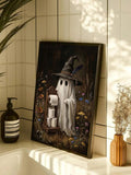 Ghost bathroom canvas displayed on a pale tiled vanity beside soap and a small vase