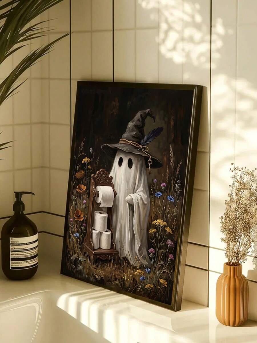 Ghost bathroom canvas displayed on a pale tiled vanity beside soap and a small vase