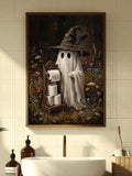 Framed spooky bathroom poster featuring a sheet ghost, carved paper holder, and colorful meadow flowers