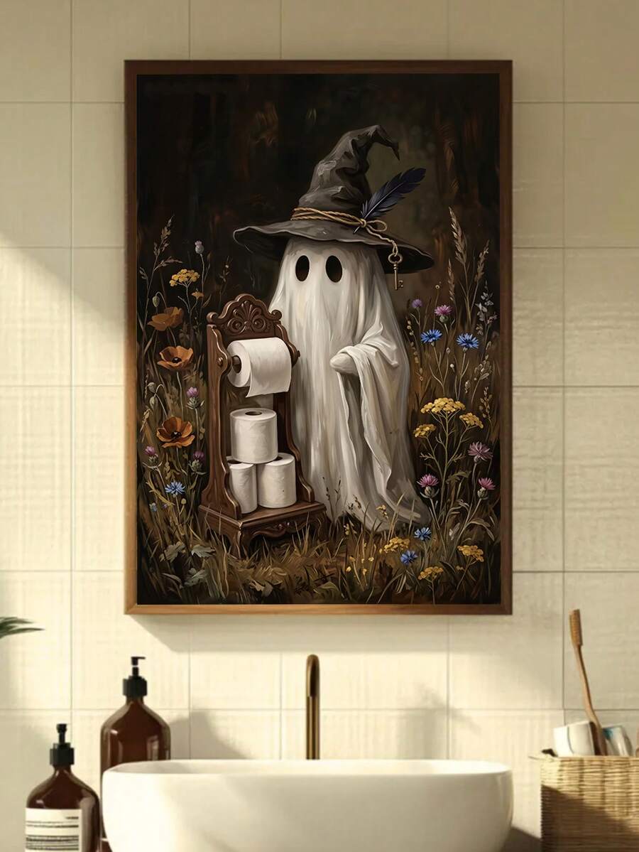 Framed spooky bathroom poster featuring a sheet ghost, carved paper holder, and colorful meadow flowers
