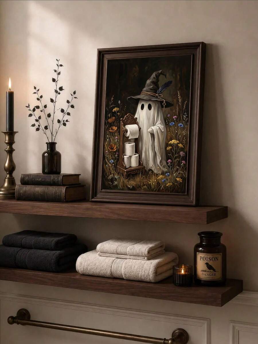Vintage ghost and toilet paper canvas above dark wood shelves with folded towels and candlelight