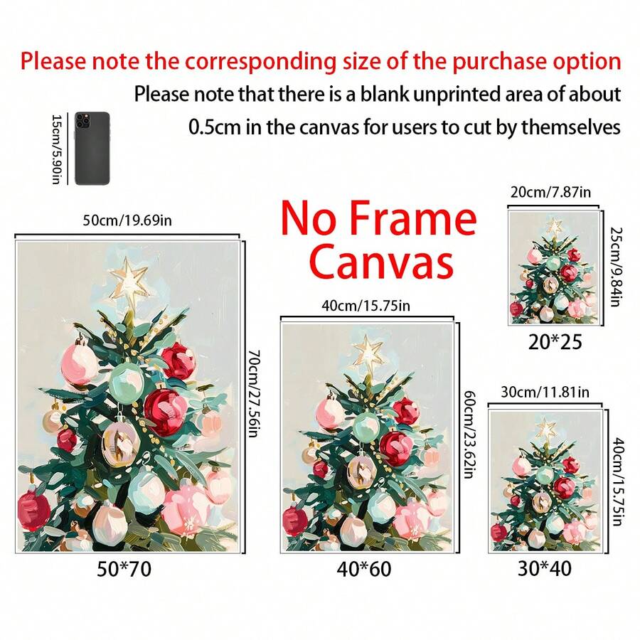 Size guide showing four portrait Christmas tree canvas formats from 20 × 25 to 50 × 70 cm