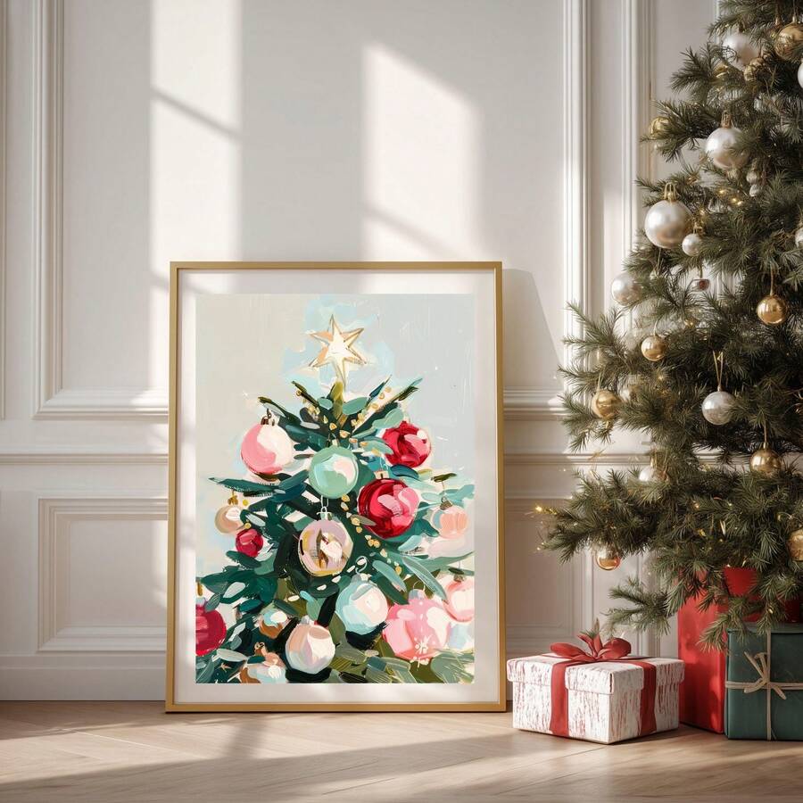Framed ornament tree poster displayed beside a decorated Christmas tree and gifts