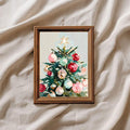 Close-up of modern tree canvas with colorful ornaments and gold accents