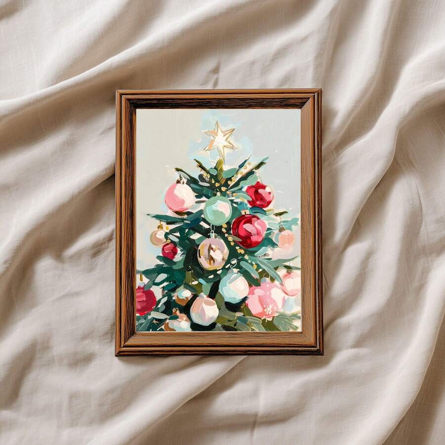 Close-up of modern tree canvas with colorful ornaments and gold accents