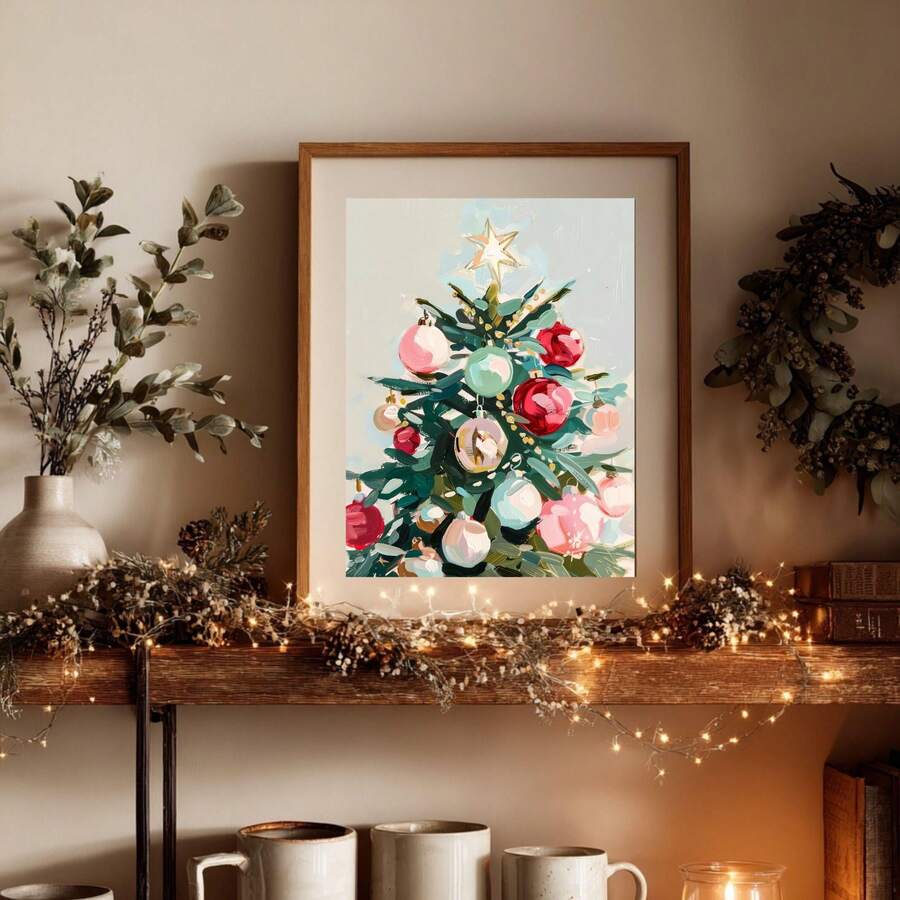 Holiday tree wall art styled above a mantel with candles and greenery