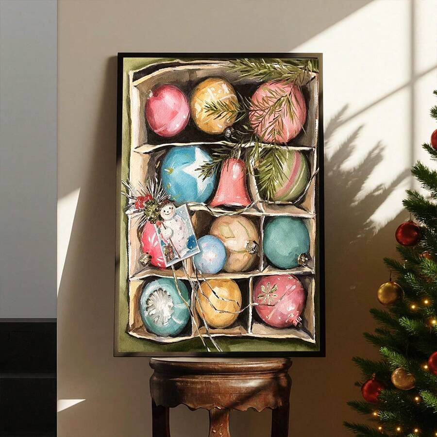 Framed ornament artwork styled beside a Christmas tree and wrapped gifts