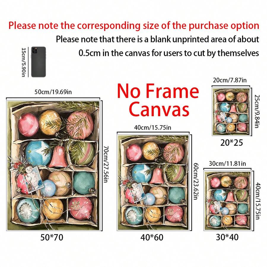 Size guide for portrait Christmas bauble canvas in four dimensions