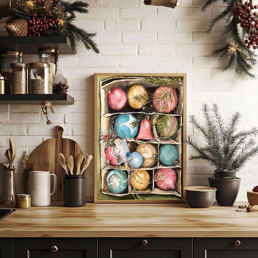 Christmas bauble canvas displayed on a kitchen counter with greenery