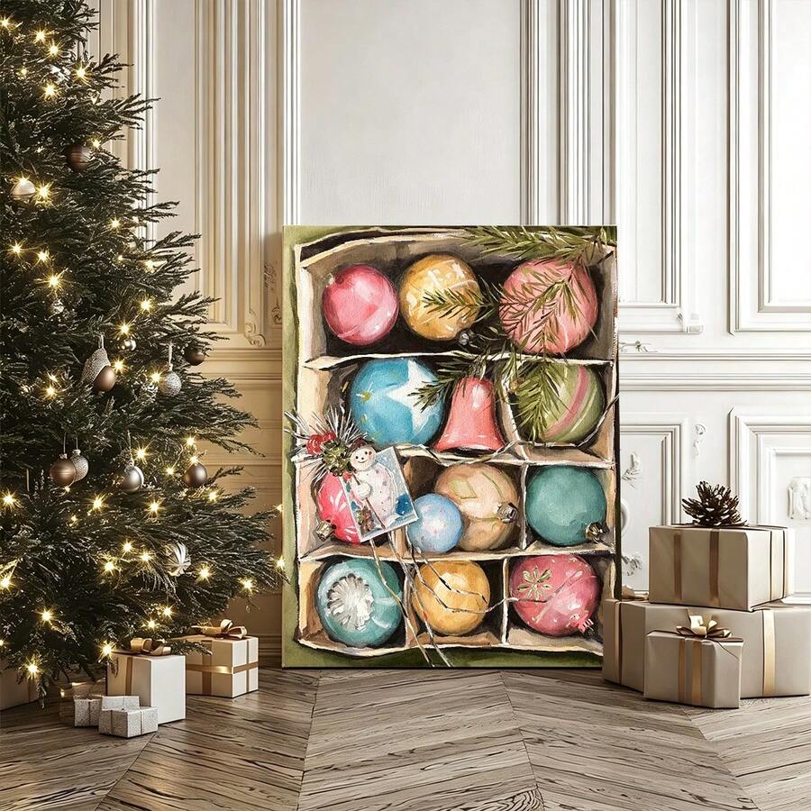 Colorful bauble canvas displayed beside a decorated tree and presents