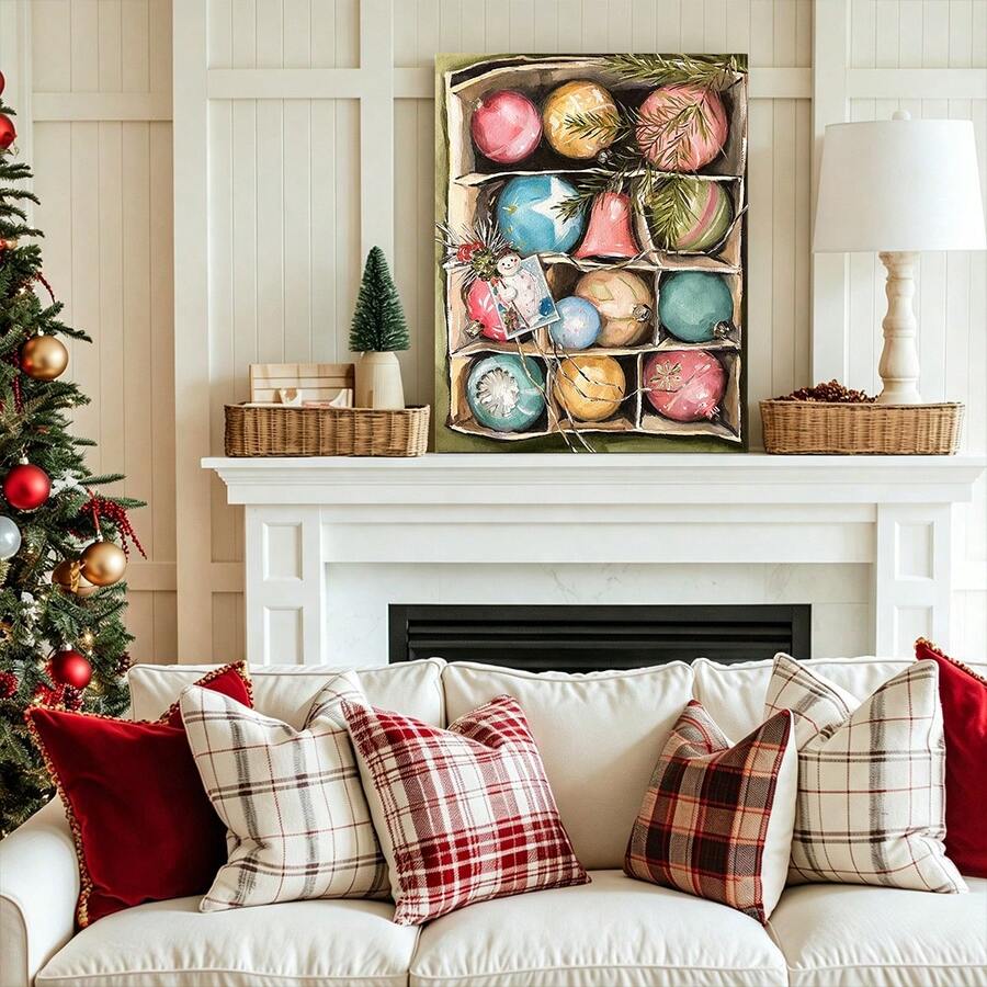 Holiday ornament poster above a white mantel and plaid sofa