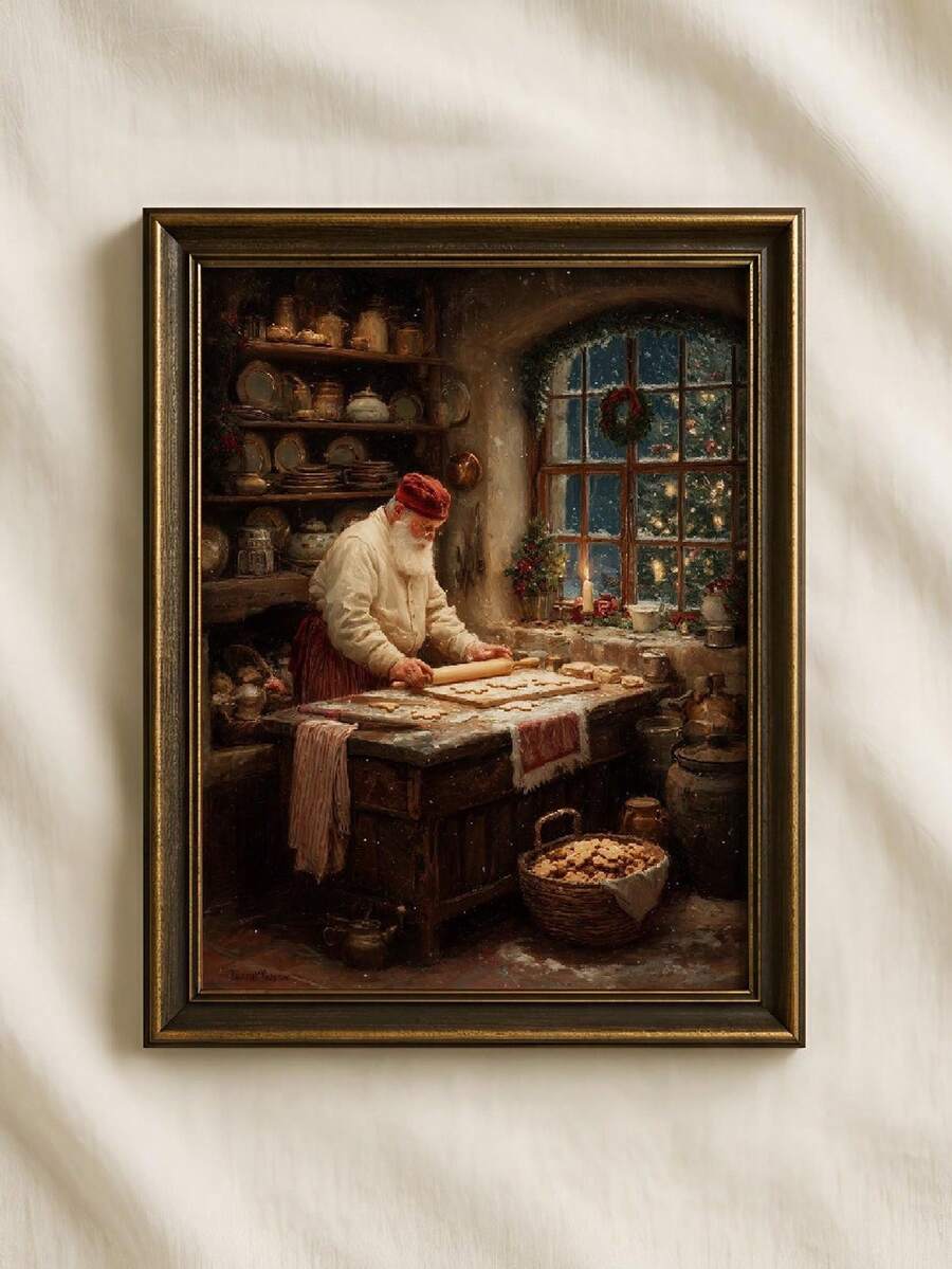 Vintage Santa Claus baking cookies in a rustic Christmas kitchen canvas poster