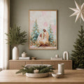 Framed Holy Family artwork above a console with seasonal greenery