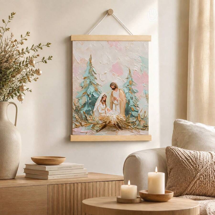 Framed Nativity canvas above a mantel beside candles and evergreen branches
