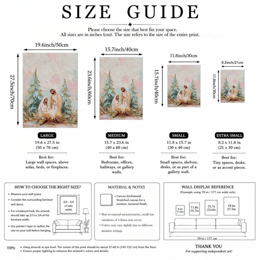 Nativity canvas size guide comparing four dimensions from 21 by 30 to 50 by 70 centimeters