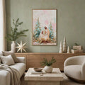 Pastel Nativity artwork styled over a neutral sofa with holiday decor