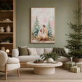 Nativity canvas above a sofa in a calm living room with Christmas tree