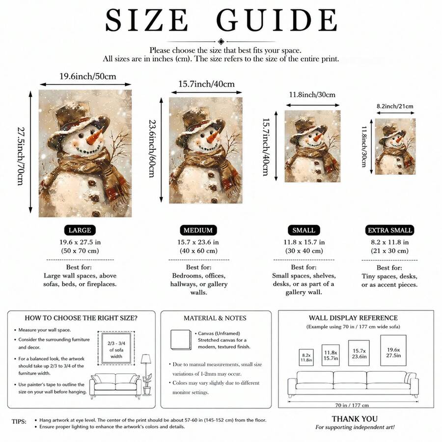 Snowman canvas poster size guide comparing 21 by 30, 30 by 40, 40 by 60 and 50 by 70 centimeter formats