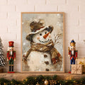 Rustic snowman poster in a wood-toned frame on a mantel between two nutcrackers above festive greenery